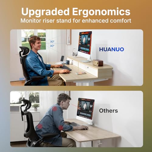 HUANUO 32 x 21 inch Small Electric Standing Desk with 2 Drawers, C-Clamp Mount Compatible, Height Adjustable Sit Stand Desk, Home Office Stand Up Desk with 4 Memory Height Settings, Light Walnut HUANUO