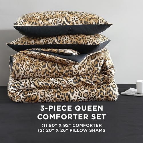 Juicy Couture Full/Queen Leopard Satin Comforter Set - Cheetah Print 3-Piece Machine Washable Reversible Animal Print Bedding Comforter and Sham Set Juicy Couture
