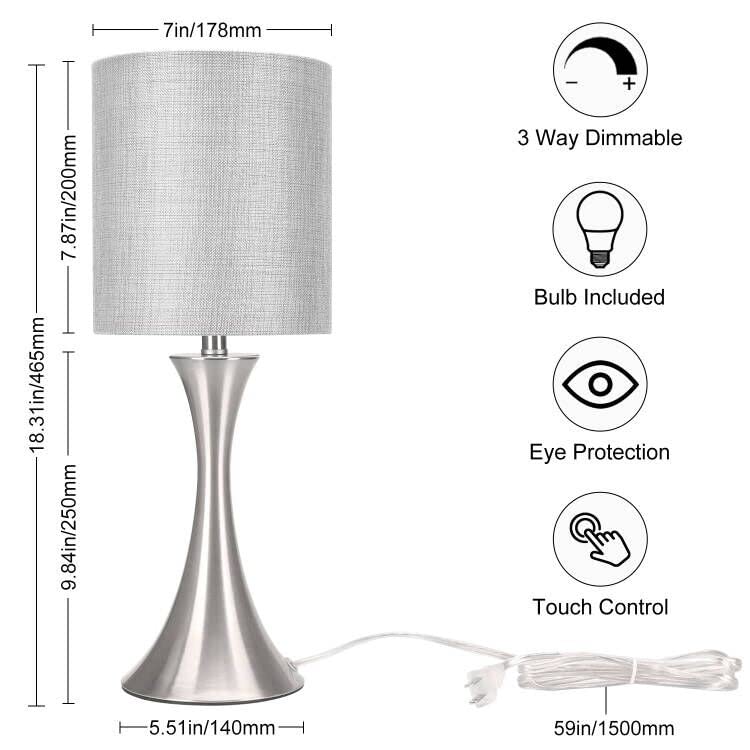 3 Way Touch Control Table Lamp, Dimmable Bedside Desk Lamp with Metal Base Modern Nightstand Lamp Stylish Grey Shade Simple Side Table Lamp for Bedroom, Living Room, Office or Den LED Bulb Included Seaside village