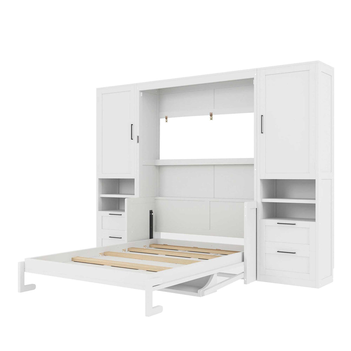 Merax Full Size Murphy Bed with Desk, Space-Saving Wall Bed Frame with Closet, Drawers and Shelves, Multifunctional Foldable Platform Bed for Small Spaces Studio Study Office Guest Room, White Merax