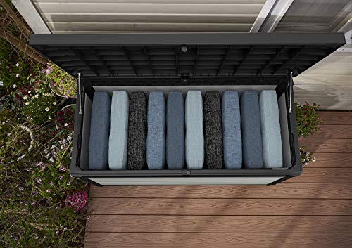 Keter Denali 150 Gallon Resin Large Deck Box-Organization and Storage for Patio Furniture, Outdoor Cushions, Garden Tools and Pool Toys, Grey & Black Keter