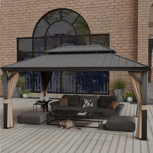 Yardsight 12' x 16' Hardtop Gazebo, Aluminum Frame Galvanized Steel Double Roof Pavilion Heavy Duty Permanent Gazebo with Mosquito Netting and Privacy Curtain for Patio, Garden, Lawn. Yardsight