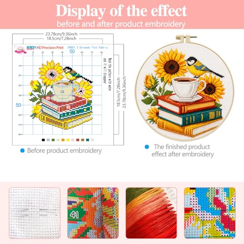 Zhenqing Sunflower Bird & Books Cross Stitch Kit with 11CT Printed Fabric 24x24cm - Includes Hoop, Pre-Sorted Threads, Needles, Instructions