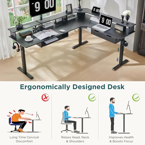 RedLemon 75X60 Inches L Shaped Electric Standing Desk, Height Adjustable Corner Gaming Desk with Drawers, Power Outlets & LED Lights, Computer Desk with Monitor Shelf, Carbon Fiber Black RedLemon