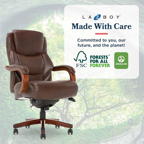 La-Z-Boy Delano Big & Tall Executive Office Chair, Ergonomic Mid-Back Body Pillow Lumbar Support, ComfortCore Memory Foam Cushion, Mahogany Wood Arms & Swivel Base, Bonded Leather, Chestnut Brown La-Z-Boy