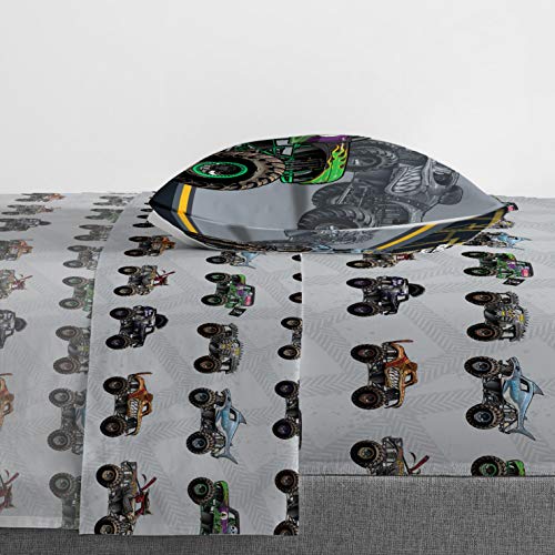 Jay franco Monster Jam MJ Life 4 Piece Twin Bed Set-Includes Reversible Comforter&Sheet Set-Bedding Features Grave Digger, Max-D, Megalodon-Super Soft Microfiber-(Official Monster Jam Product) Jay Franco