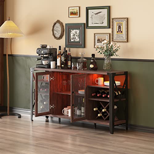Vabches Dark Brown Farmhouse Wine Bar Cabinet with LED Lighting and Ample Storage Vabches