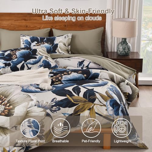 Dintszyayue Brown Comforter Set King Size, 7 Pieces Floral Bed in a Bag Set, Texture Blue Flower Bedding Sets, Soft Microfiber for All Season with Flat Sheet Fitted Sheets Pillowcases and Shams Dintszyayue