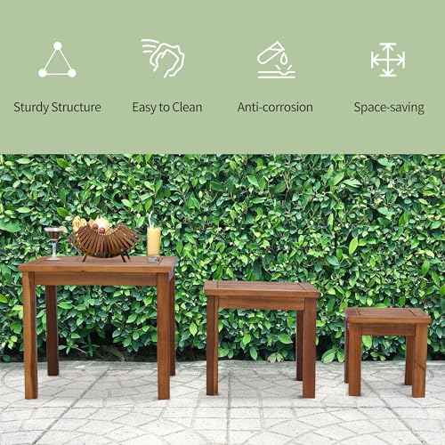 Outsunny 3 Piece Outdoor Side Nesting Table Patio Set with Acacia Wood Build & Multi-Functional Design Outsunny