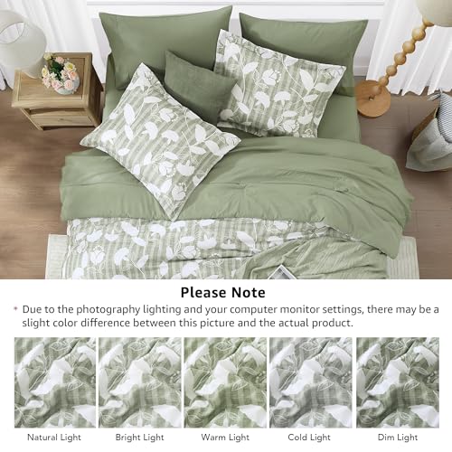 BLOOMHAVEN Queen Comforter Set -7 Pieces Sage Green Floral Comforter Set for All Seasons, Bed in a Bag Queen with Botanical Flowers Comforter, Sheets, Pillowcases & Shams BLOOMHAVEN