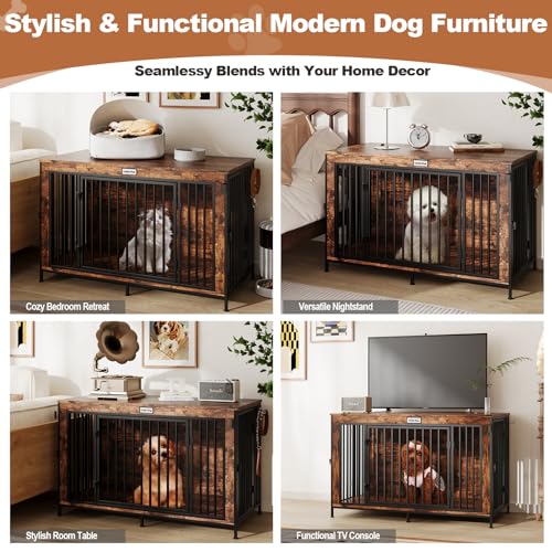 XL Dog Crate Furniture 48'' | Extra Large Heavy Duty Anti-Chew Dog Kennel | Rustic Wooden Entertainment Center & TV Stand with 350LB Top Capacity | Escape Proof Double Door Pet House FurnPulse