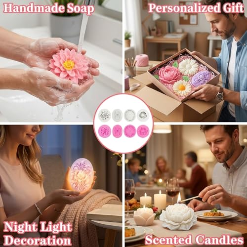 8 Pcs Candle Molds, Flower Mold for DIY Projects, Create White and Pink Chrysanthemum, Lilac, Peony, and Rose Candles, Handcrafted Home Decor and Gift Making Supplies