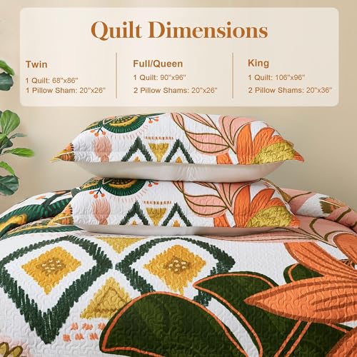 Tyrot 3 Piece Boho Floral King Size Quilt Sets Farmhouse Botanical Reversible Lightweight Bedspread Coverlet with 2 Shams Mid Century Leaves Microfiber Bedding Quilts Set for All Season, 106''x96'' Tyrot