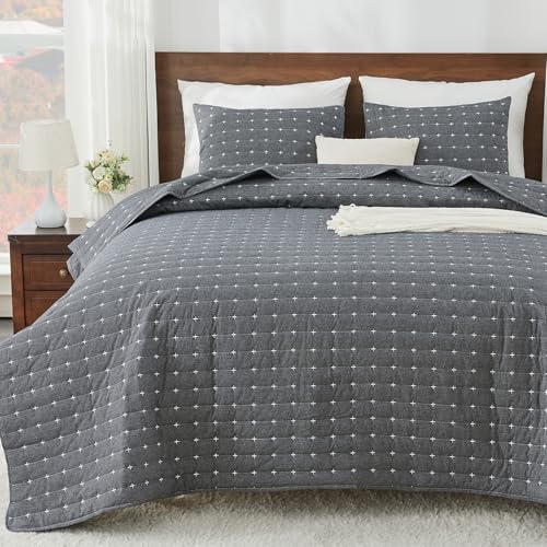 ENJOHOS 100% Cotton King Quilt, King Size Dark Grey Bedspread, Reversible Lightweight Super Coverlet Comforter Bedding with Shams for All Season ENJOHOS