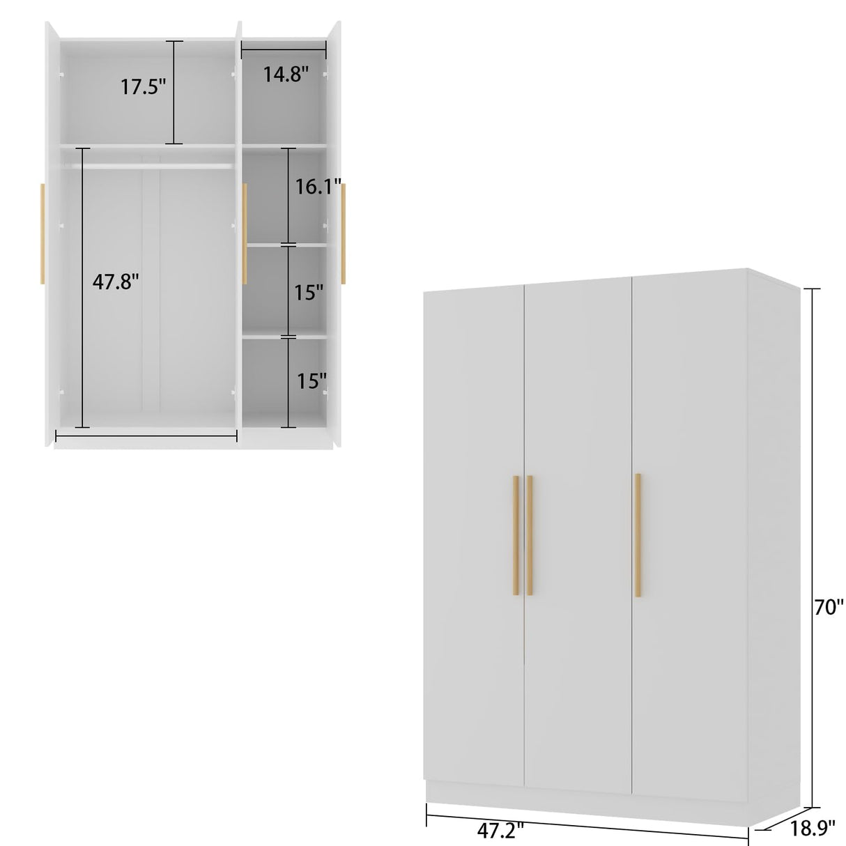 AIEGLE 3 Doors Wardrobe Armoire Closet, Large Freestanding Armoire Wardrobe Cabinet with Shelves & 2 Hanging Rod, Bedroom Wood Clothes Storage Cabinet Organizer, White (47.2" W x 19.7" D x 70" H) AIEGLE