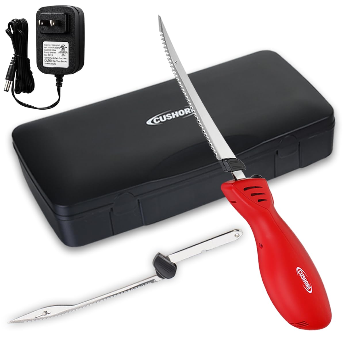 Cushore Cordless Electric Knife Rechargeable with 2 Set of 8 Fully Serrated S.S. Blades, Multi Function for Turkey Knife, Portable Carry Case for Fishing, Filleting, and Outdoors (Red) Cushore