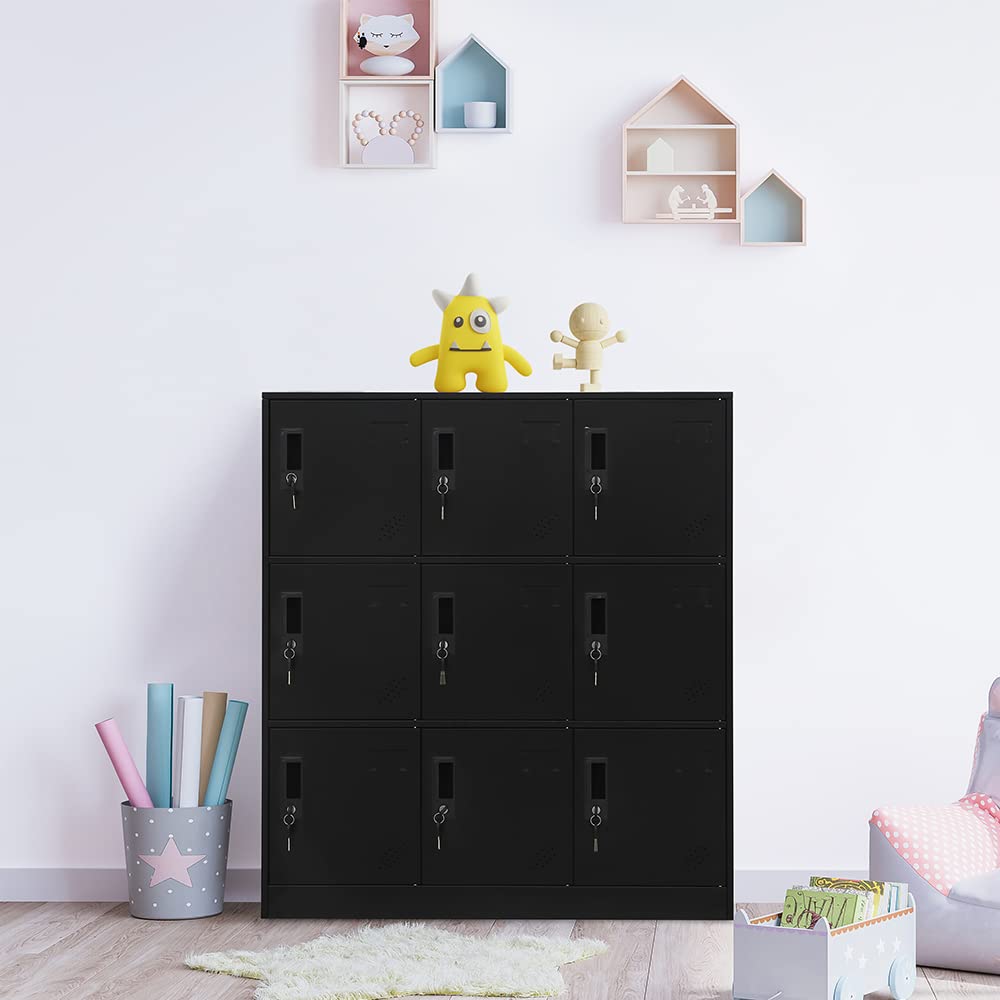 WISUNO 9 Doors Metal Storage Cabinet with Card Slot, Organizer,Shoes and Bags Steel Locker for Office, Home, Bank, School, Gym. (Black) WISUNO