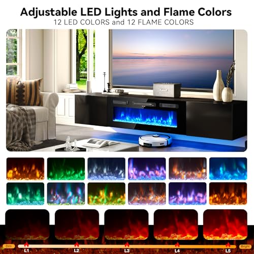 OneBlis 70'' Floating TV Stand with 36" Electric Fireplace, Wall Mounted Entertainment Center with Storage for TVs up to 80", Adjustable 12-Color LED Media TV Console for Living Room,All Black OneBlis