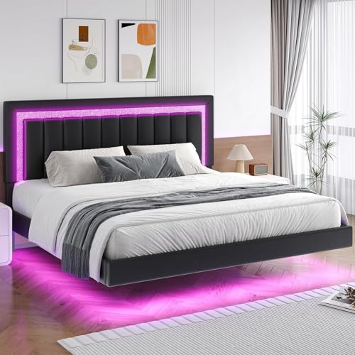 HOMBCK Floating Bed Frame King with Smart LED Lights, Faux Leather Upholstered Platform Bed with Diamond PU Headboard, No Box Spring Needed, Noise-Free, Easy Assembly, Black HOMBCK