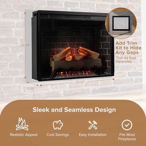 Modern Ember Uptown 33" Smart Electric Fireplace Insert with Remote Control, Compatible with Alexa - 1,000 Sq Ft Electric Heater with Realistic Flames and Log Set Modern Ember