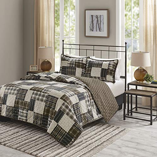 Madison Park Reversible Quilt Cabin Lifestyle Plaid Design - All Season, Breathable Coverlet Bedspread Bedding Set, Matching Shams, Timber Black/Brown Full/Queen(90"x90") 3 Piece Madison Park