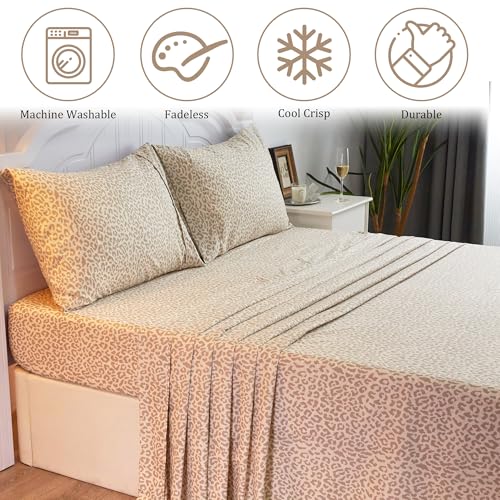 Drozeeo King Leopard Print Sheets, Cheetah Pattern King Size Sheet Set with Elastic Corner Straps, Soft Microfiber Animal Bedsheet, Beige Drozeeo