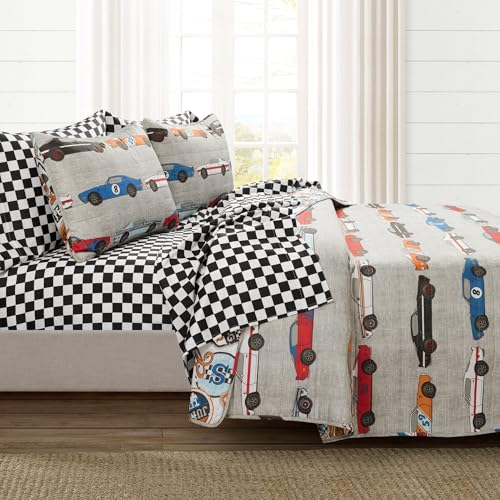 Lush Decor Race Car Kids' 5-Piece Oversized Quilt Bed Set, Reversible Bedding Set for Boys, Blue & Orange, Twin Lush Decor