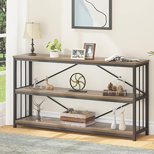 LVB Rustic Oak Industrial Console Sofa Table with 3-Tier Shelving for Entryway and Foyer LVB