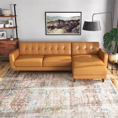 ASHCROFT Elva Mid Century L-Shaped Genuine Leather Right Facing Chaise Sectional, Light Brown Tufted Tight Back Sectional Sofa for Living Room Waiting Area Office Apartment Dorm Home, Tan ASHCROFT