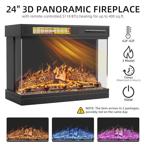 YESHOMY Glass Fireplace TV Stand for Televisions up to 65", Media Entertainment Center Console Table with Doors Closed Storage, Black with Wood Grain YESHOMY