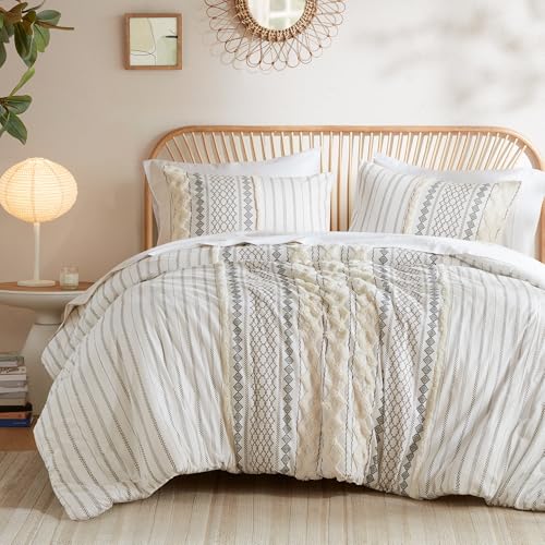 INK+IVY Imani 100% Cotton Duvet Mid Century Modern Design, All Season Comforter Cover Bedding Set, Matching Shams, Full/Queen, Ivory Chenille Tufted Accent 3 Piece INK+IVY
