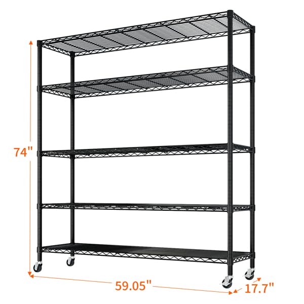 Orixforce Heavy Duty Wire Shelving Unit with Wheels – 5-Tier Adjustable Metal Storage Rack, NSF Certified Steel Shelves, 3125lbs Capacity Garage, Pantry, Commercial Shelving, 74" H x 59" W x 17.72" D Orixforce