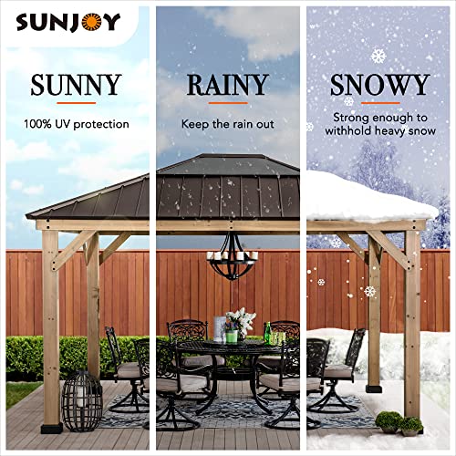 Sunjoy Hardtop Gazebo 11 x 13 ft. Standard Cedar Framed Wood Gazebos with Brown Steel and Polycarbonate Hip Roof for Garden, Backyard Shade, Brown Roof + Natural Wood Frame Sunjoy