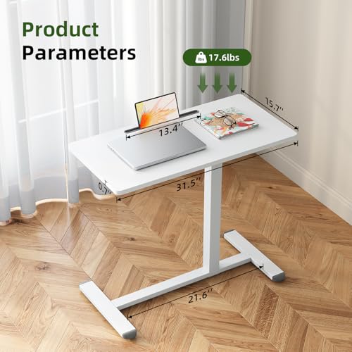 Gibbon Mounts Medical Adjustable Overbed Bedside Table, 32 Inch Pneumatic Mobile Standing Desk with Hidden Wheels, Rolling Laptop Cart for Home, Hospital, White Gibbon Mounts