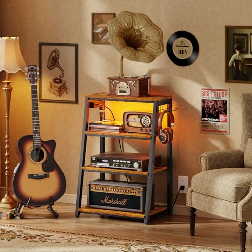 4-Tier AV Media Stand with Power Strips, Heavy Duty Stereo Cabinet Stand with LED Lights, Wooden Record Player Stand with 2 Hooks, Audio Stand Furniture Perfect for DVD Player/Game Console/TV Box/Xbox X-cosrack