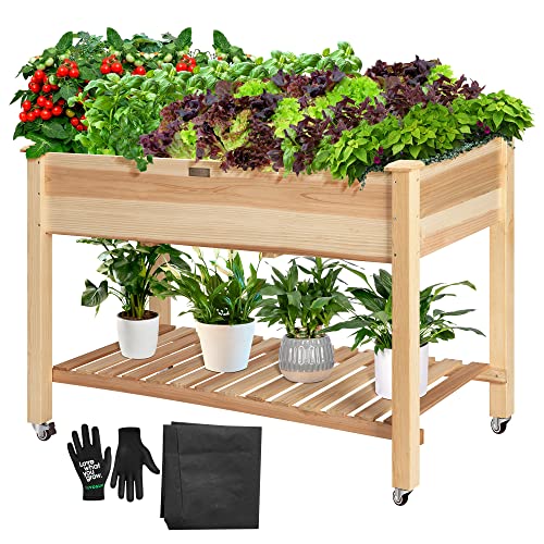 VIVOSUN Elevated Wooden Raised Garden Bed, 46 x 24 x 32 Inches, Mobile Outdoor Planter Box with Storage Shelf and Protective Liner for Outdoor Use, with Lockable Wheels VIVOSUN