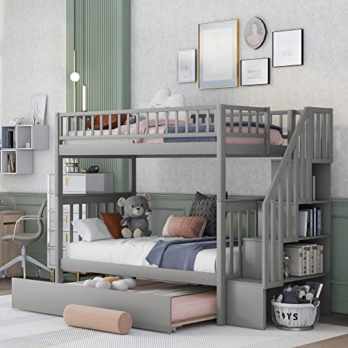 Harper & Bright Designs Bunk Beds Twin Over Twin Size, Solid Wood Bunk Beds with Trundle and Stairs for Kids,Toddler,Teens,Adults (Grey, Bunk Bed with Trundle) Harper & Bright Designs