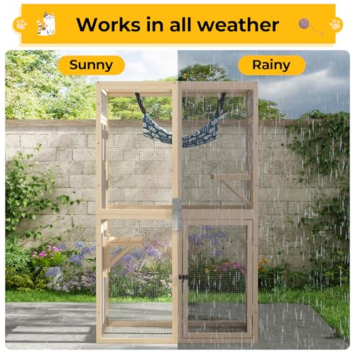 COZIWOW Catio Outdoor Cat Enclosure Window Access, Wooden Cat House Shelter, Kitty Cage with Hammock for Patio Indoor (Wood) COZIWOW