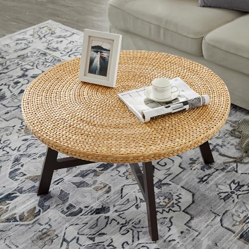 RANDEFURN Coffee Table Round, Seagrass Coffee Tables,Pine Wood X Base Frame Cocktail Table, Easy Assembled, Multiple Sizes for Living Room, Solid Wood Table,32 x 17 Inches,Natural RANDEFURN