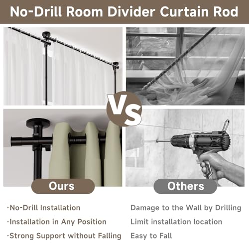 Room Divider for Room Separation,No Drilling Curtain Rod Wall Divider Metal Rod, 4-10ft(H) 28-140inch(W) Adjustable, Heavy Duty Partition Space Separator Freestanding Tension Curtain Stand (Black) Toyear