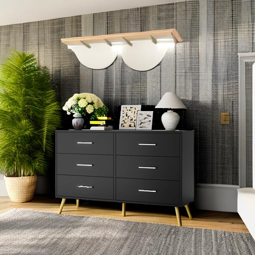 Shintenchi 6 Drawer Dresser, Wide Chest of Drawers Organizer Storage with Drawers, Large Storage Cabinet, Modern Design Dresser for Bedroom, Living Room, Porch, Black Shintenchi