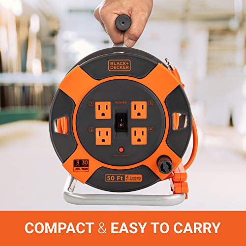 BLACK+DECKER 50 Ft. Retractable Extension Cord Reel With 4 Outlets, Multi-Plug Extension, Easy Handle Rewind & Heavy-Duty 14AWG SJTW Cable Black + Decker