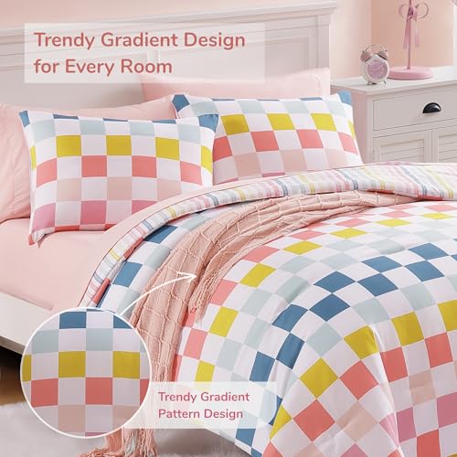 Wink Deer Twin Comforter Set for Girls-5 Pieces Colorful Check Twin Bedding Sets for Kids, Ultra Soft Bed in A Bag with Sheets Wink Deer