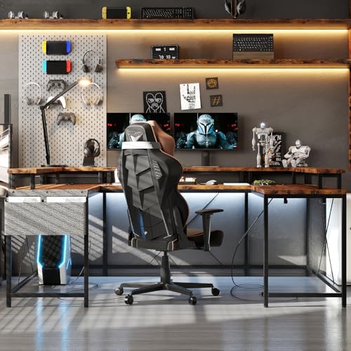 PeacefulHues 126 Inch U Shaped Gaming Desk with Monitor Stand and LED Lights, Reversible Large Computer Desk with Power Outlets, Office Desk with Storage Bag and Hooks, Vintage Style PeacefulHues
