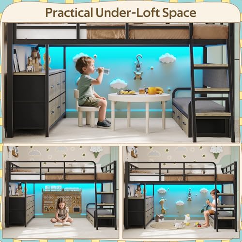 busyaeh Low Loft Bed Full Size,Full Loft Bed for Kids with 9 Storage Drawers & 15.8" H Safety Guardrail & Inclined Ladder & Safety Handrail & LED Lights and Charging Station,Toddler Loft Beds,Oak Gray busyaeh