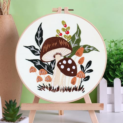 Zhenqing Woodland Mushroom Embroidery Kit for Beginners - 29x29cm Printed Fabric with Hoop & Full Tools(S-CX0910)