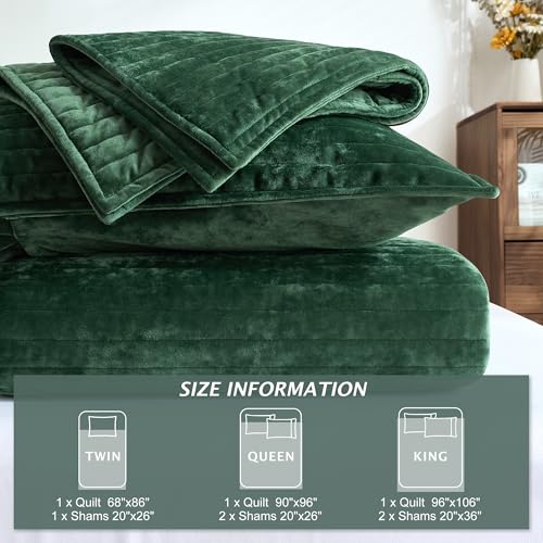 Luxury Velvet Quilt Set Queen Size 3 Pieces,Soft Cozy Oversized Striped Velvet Comforter Set with 2 Pillow Shams,Lightweight Coverlet Bedspread Bedding Set for All Seasons(Forest Green,90"x96") ROMROL