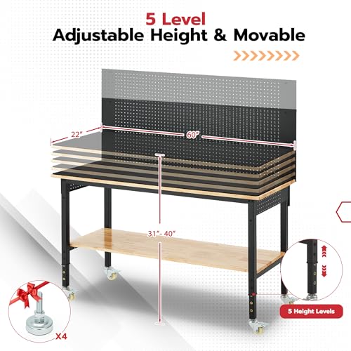 DNYKER 60" Adjustable Height Workbench, 3000 LBS Heavy Duty Work Table for Garage,Rubber Wood Workstation with USB Power Outlets/Wheels/Pegboard for Workshop, Office, Home DNYKER