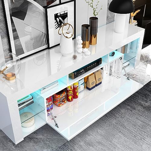 Floating TV Stand Wall Mounted - High Gloss Led Entertainment Center with Storage and Shelf, TV Stand for 65 Inch TV, Gaming Entertainment Center Console Table with Lights, White Gitua