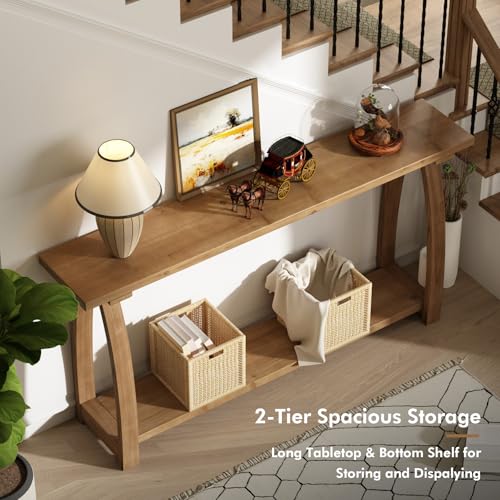 HOKYHOKY Solid Wood Console Table, 63" Long Farmhouse Entryway Tables Narrow Behind Couch Table with A-Shaped Curved Legs, Rustic Skinny Sofa Tables for Living Room, Hallway or Foyer HOKYHOKY